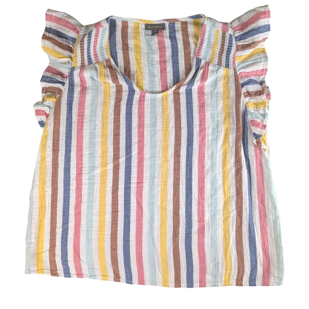 Style & Co Women 1X Multi-Color Striped Ruffle Sleeve Cotton Gauze Blouse Top